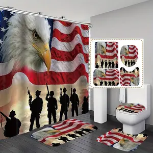 American Flag & Soldier Pattern Bathroom Restroom Decorations, Bathroom Decor And Accessories, 4 Counts/set Waterproof Shower Curtain & Toilet U-shape Mat & Toilet Lid Cover & Rectangular Mat, Bathroom Accessories