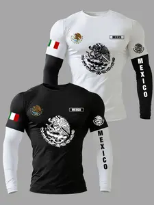 Men's 2 Piece Set Faux Two-Piece Sports Shirts, Athleisure Street Fit, Soft Micro-Elastic Polyester Fabric, Mexican Theme Letter Flag Print, Comfortable Long Sleeve Tee