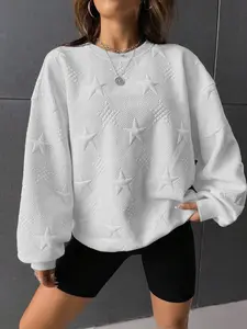 Plus Size Star Embroidered Round Neck Sweatshirt, Loose Fit Long Sleeve Top, Casual Spring & Fall Wear, Comfortable and Stylish