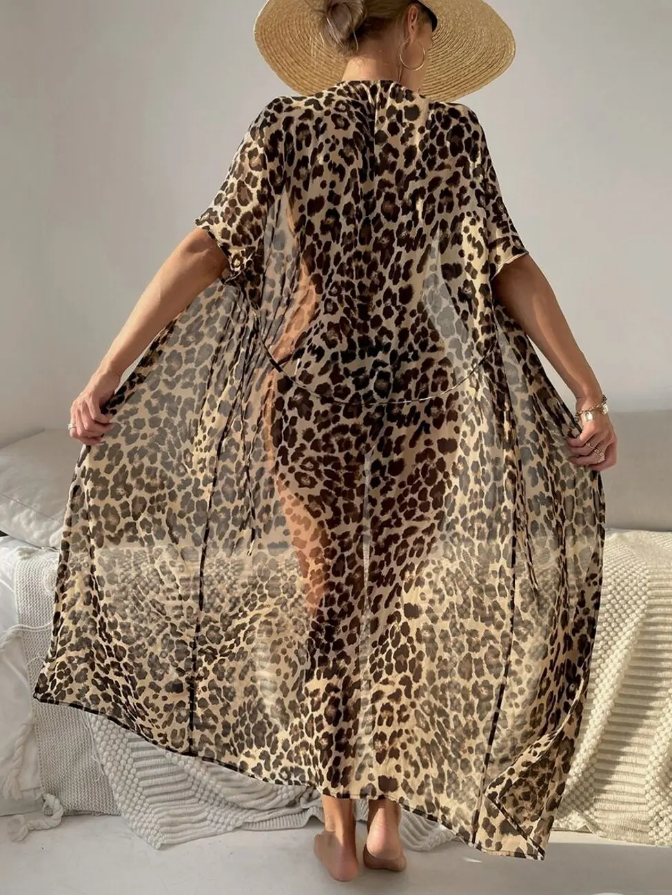 Leopard Chiffon Kimono - Detachable Belt Beach Cover-Up - Lightweight Summer Cardigan