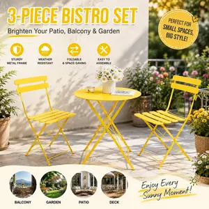 Yellow 3 Pieces Patio Bistro Set Metal Chair Table Folding Outdoor Conversation Sets Weather  Resistant Outside Small Space Porch Balcony Backyard Garden Furniture Lawn Folding Dining Table Set