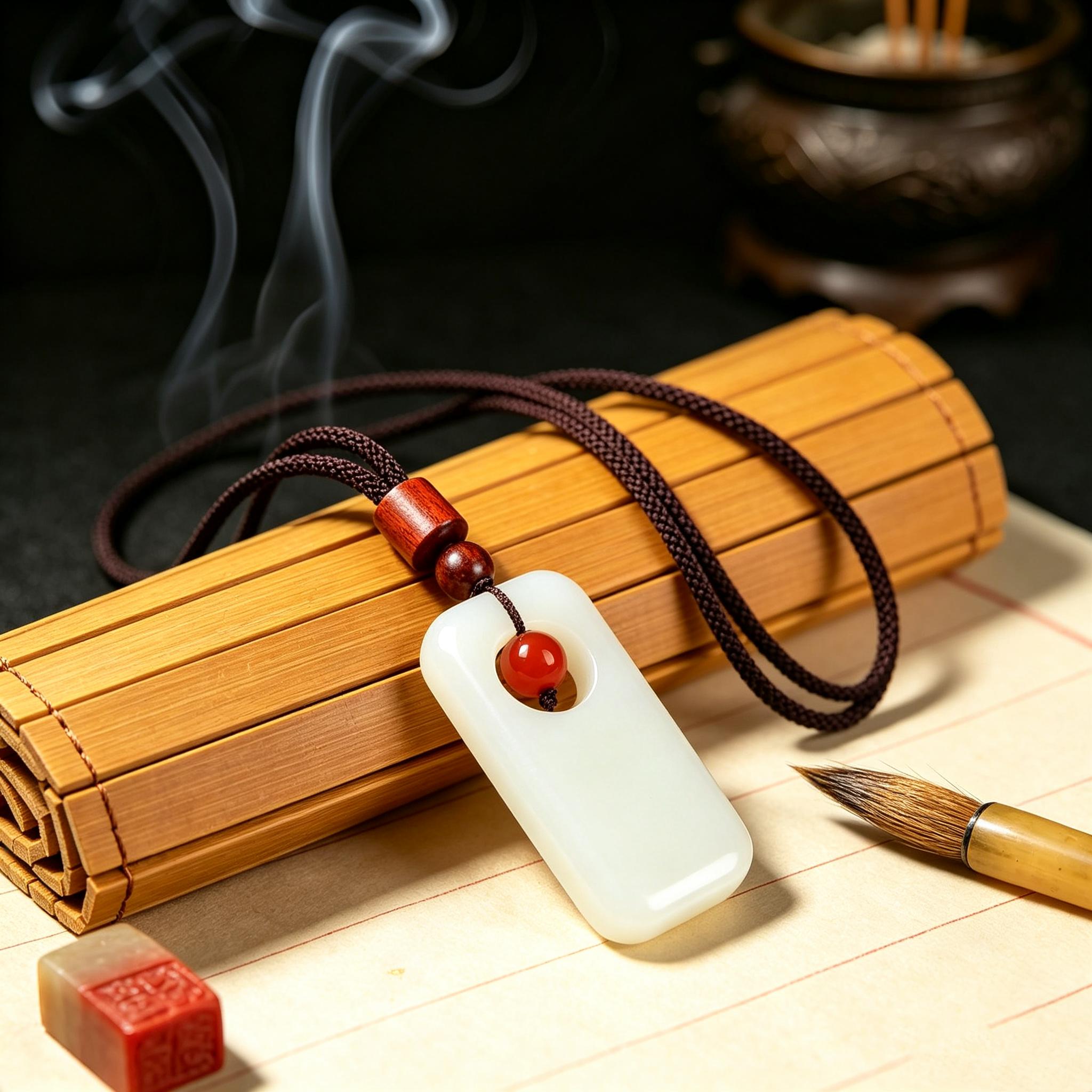 Traditional Taoist 'Peaceful and Unworried' White Spiritual Charm Pendant - Long Unisex Religious Pendant Necklace, Daily Wear Spiritual Jewelry for Peace, Fortune, Career Boost, Taoist Charm