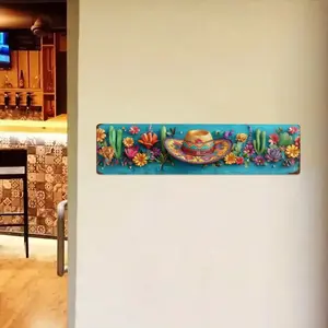 Unique Mexican Cactus Metal Sign, Fashionable Turquoise Color with Hat Decoration, 10x40 Cm, Perfect for Parties, May Day, Kitchen, Restaurant, Garden