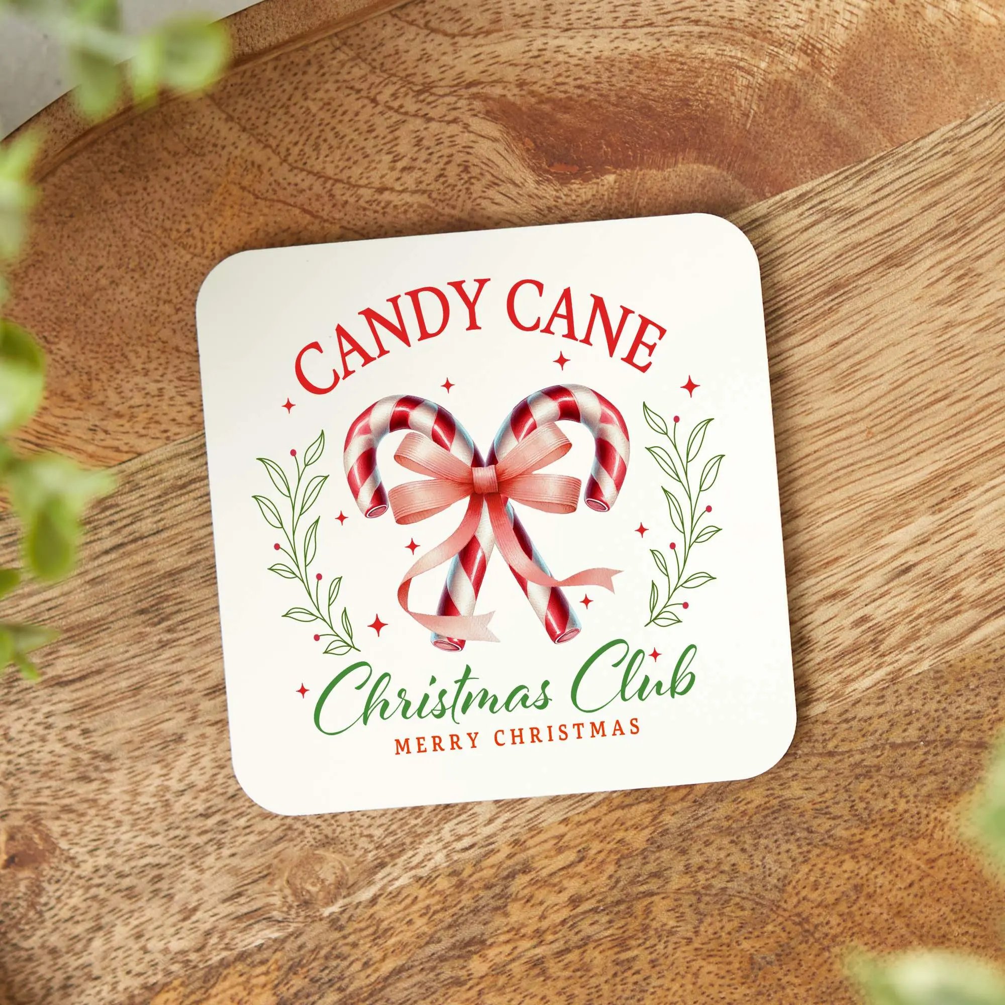 Candy Cane Christmas Club Coasters - Set of 4, 4" x 4", Neoprene & Polyester, Anti-Skid Rubber Backing, Eco-Friendly Packaging