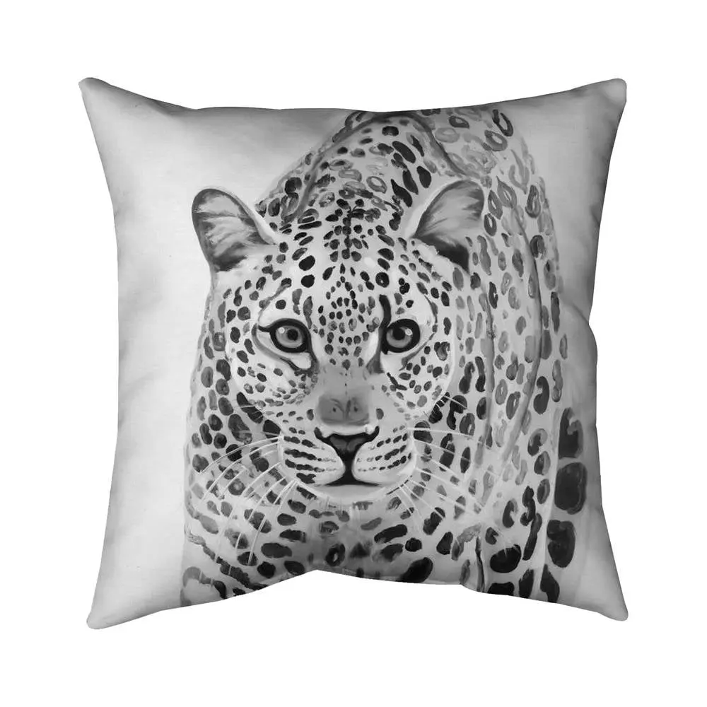18x18 in. UV-Resistant Polyester Outdoor Throw Pillow - 360 Stand, Leopard Animal Motif, Black "Ready To Attack" Wildlife Decor, Patio, Garden