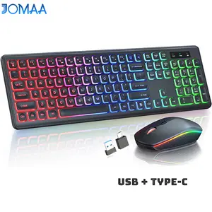 JOMAA 2.4G Wireless Keyboard and Mouse Combo RGB Backlit Rechargeable Full-Size Ergonomic Type-c+USB Wireless Sleep Mode