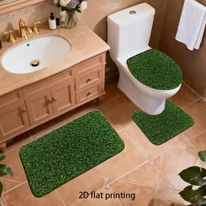 2D Flat, 2D Flat, 2D Flat Printing, 3pcs Lawn Grass Pattern Bathroom Mat And Carpet Set, Toilet Lid Mat, Toilet U-Shaped Pad, Fleece Material, Soft Surface