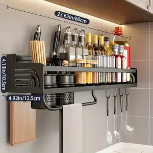 Bepatio Space Saving Wall-Mounted Kitchen Spice Rack – No-Drill Carbon Steel Shelf with Hooks for Utensils, Lids, and Seasoning Jars