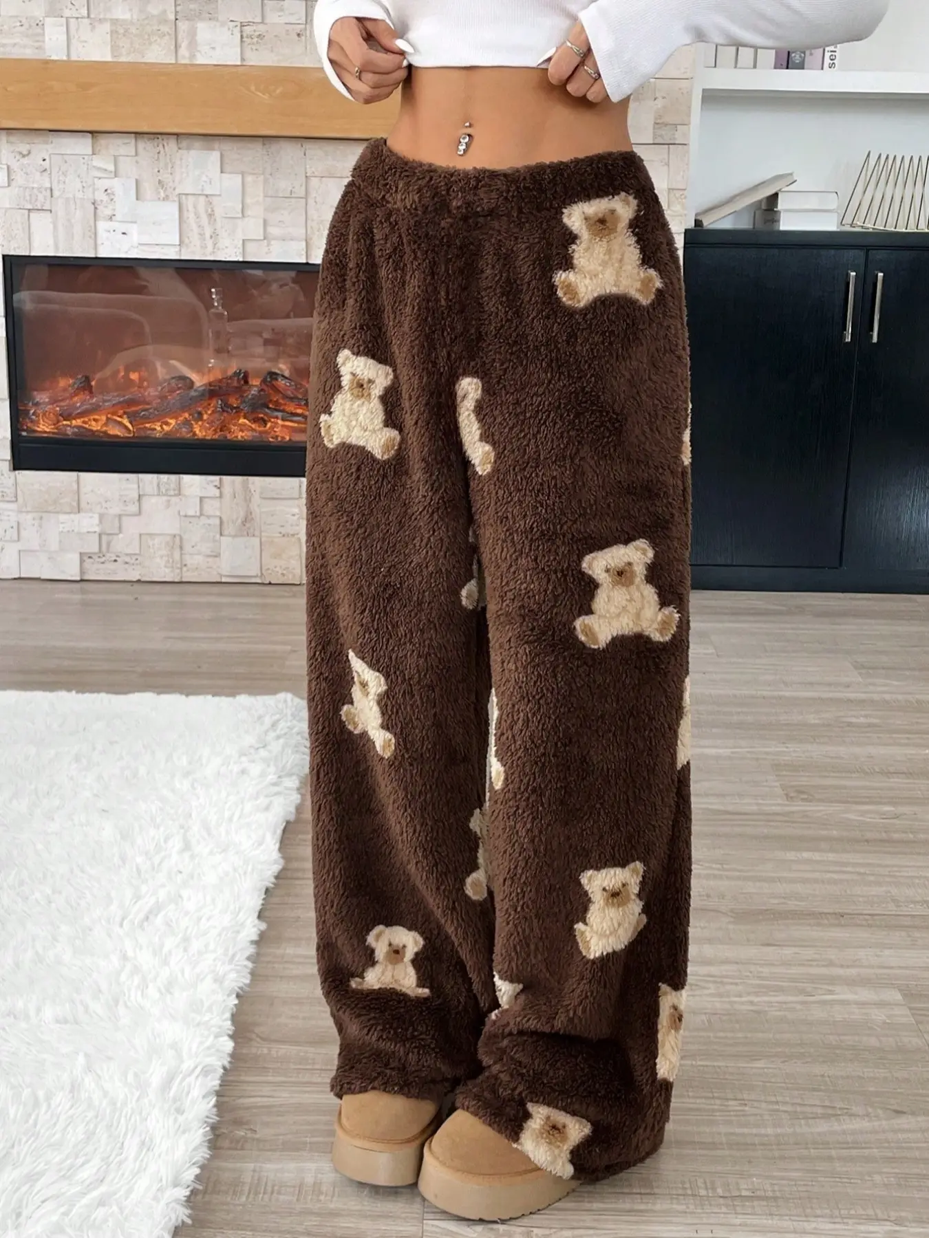 Women's Casual Cartoon Bear Pattern Drawstring Elastic Waist Loose Knit Teddy Wool Pants, Casual Fashion Pants, Fall Winter Long Leggings, Soft Comfortable and Warm, Thick, Casual Lounge Pant