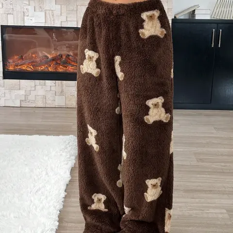 Women's Plush Wide Leg Pants, Bear & Leopard Print, Loose-Fit Warm Home Wear, Casual Straight Leg Long or Regular Length, Elastic Waist