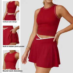 women European and American tennis skirt set, golf half-body splicing skirt, sports and leisure contrasting color badminton suit, women Women's Crop summer thermal fitness
