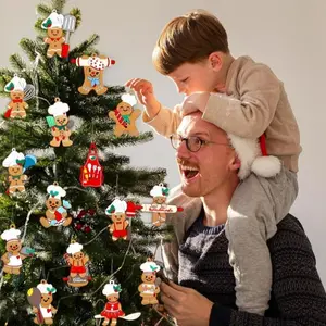 15-Piece Gingerbread Christmas Tree Decor Set, Wooden Holiday Ornaments for Home Kitchen Party Decoration, Festive Hanging Accessories
