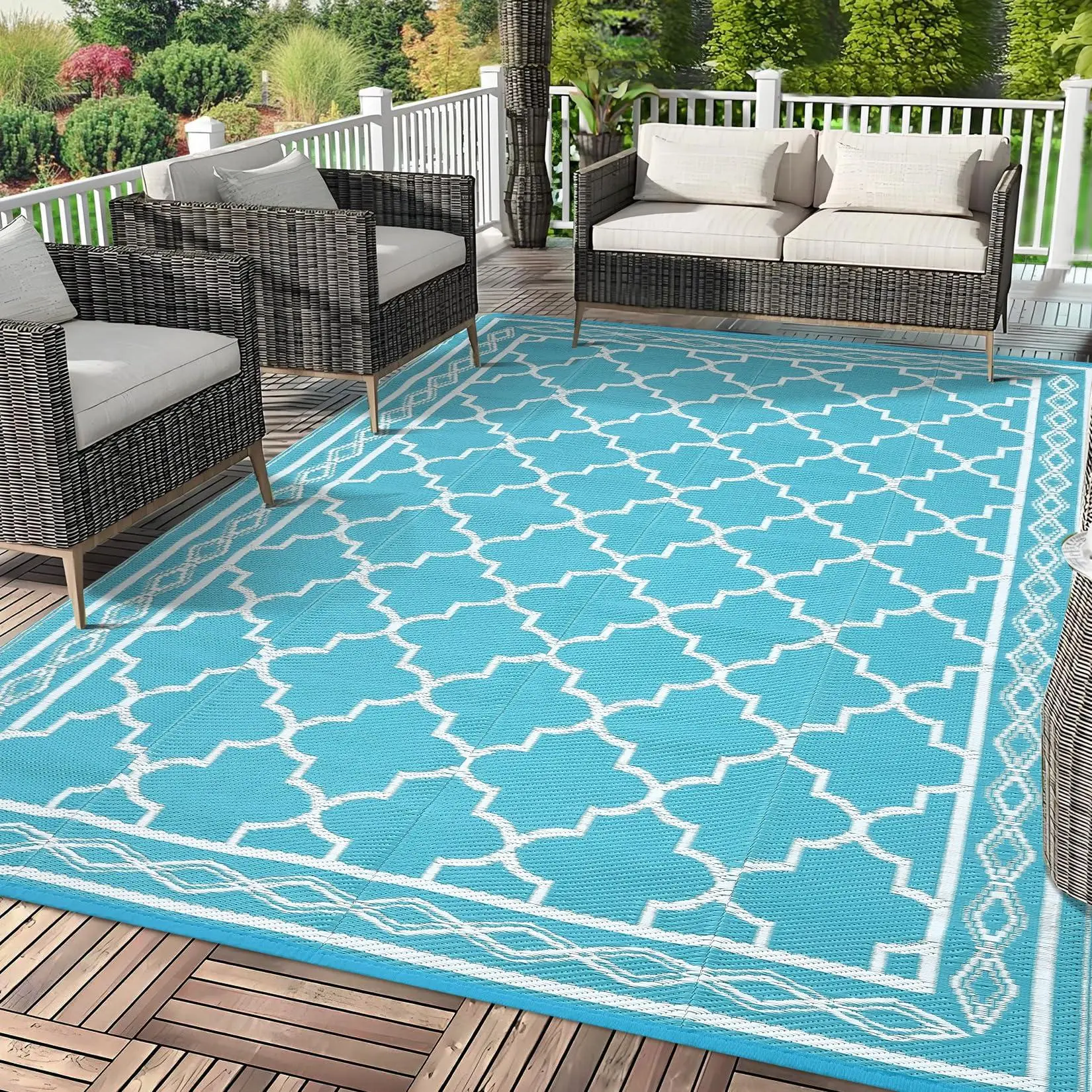 Large Reversible Plastic Straw Outdoor Rug - Non-Slip Waterproof Floor Mats Area Rugs, Woven Mat-Style Patio Carpet for Deck RV Camping, Easy-Clean Light Blue/White Outdoor Mat, Non-Slip Waterproof Area Rugs