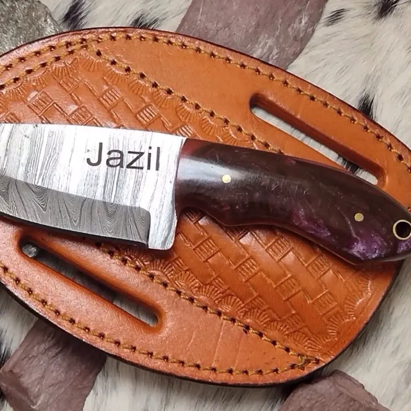 Jazil Handmade Damascus Steel Hunting Knife, Drop Point Blade with Wood Handle and Protective Sheath