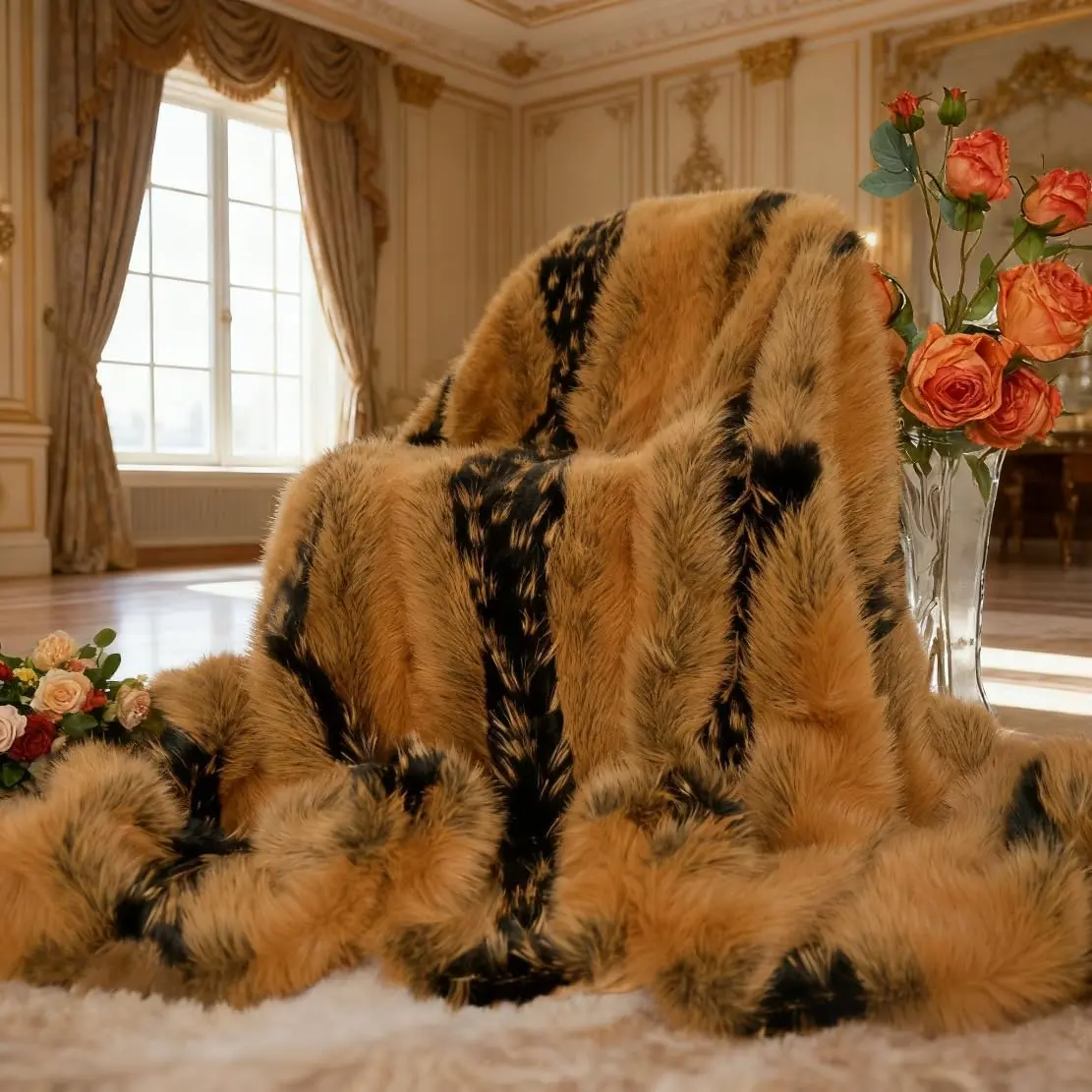 Brown Leopard Print Faux Fur Throw Blanket Ultra Soft Fluffy Luxury Blanket for Couch Sofa Living Room Decor