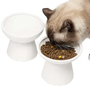 CEEFU 2-Pack Elevated Ceramic Cat Dog Food&Water Bowls – Shallow Food Bowl & Deep Water Bowl, 6.2" Wide, 5" Height, Avoid Neck Fatigue Whisker Relief, Lead & Cadmium Free, Pet Feeding Bowl White