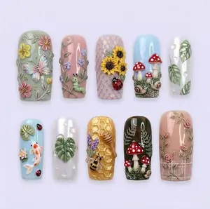 Handmade Cottagecore Press On Nails, Red Mushroom and Snail Nail Set, 3D Butterfly & Flora Accents, Nails For Bold Artistic Vibes