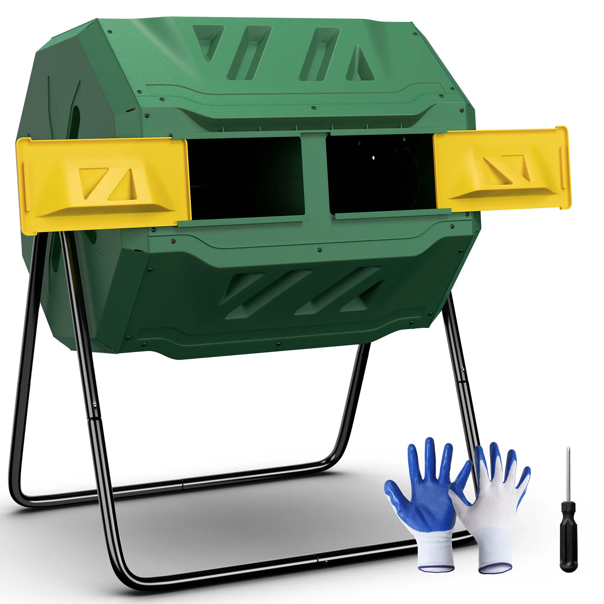 SUPERDEAL 43gal Round Iron & Polypropylene Durable Composting Tumbler, Dual-Rotate Outdoor Garden Compost Storage Bin with Removable Door, High-Quality Green,summerwins