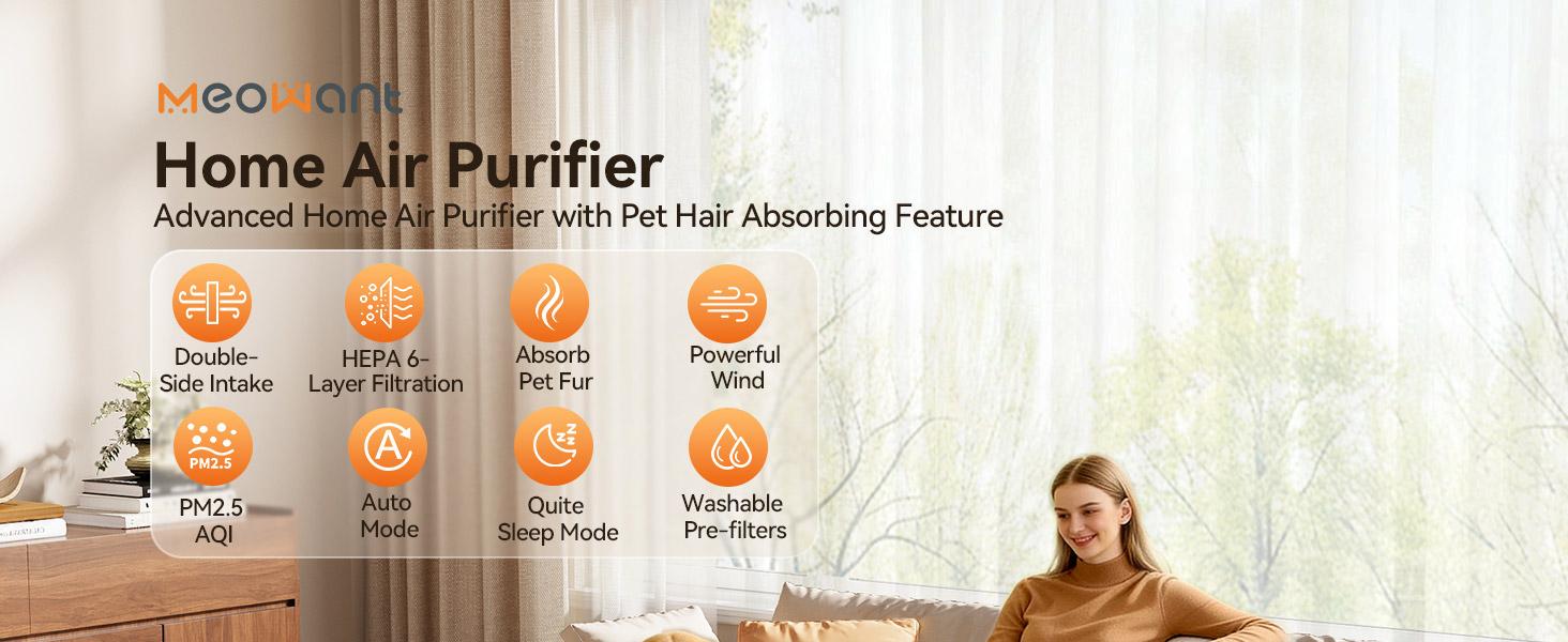 Meowant Pet Air Purifier with HEPA Double-Sided Filter Polygonal Inlet for Pet Hair Capture Activated Carbon H13 Filtration PM2.5 Monitor Quiet Smart Pet-Friendly