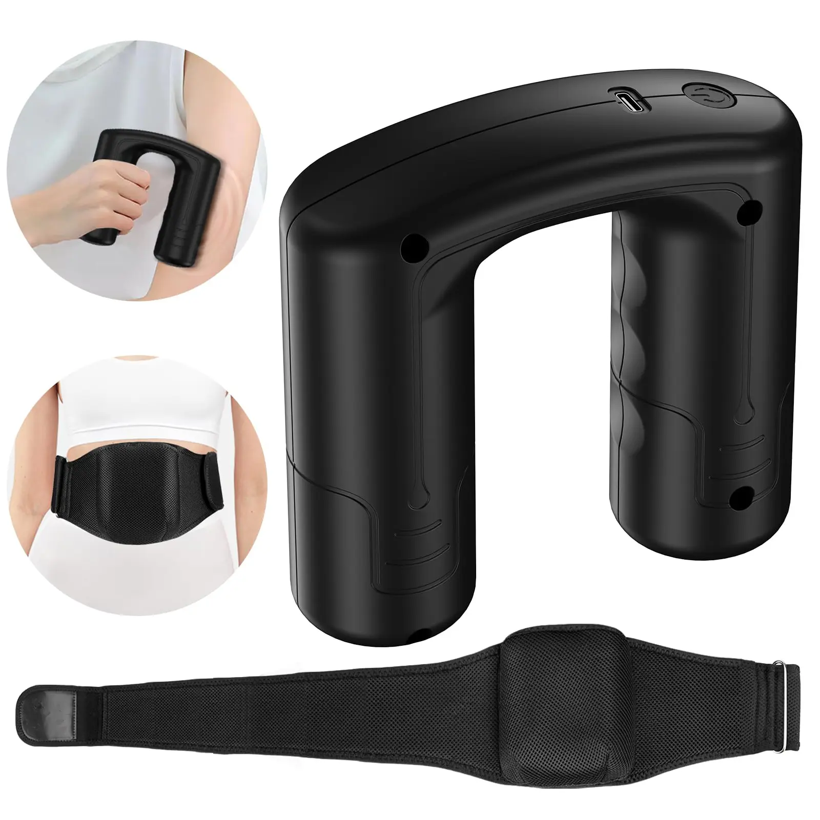 Wearable Back Massager for Pain Relief Deep Tissue, 5 Speed Levels Cordless Percussion Massage Ring with Adjustable Strap, Muscle Recovery Massager for Waist Thigh Calf Whole Body,Black(Grey)
