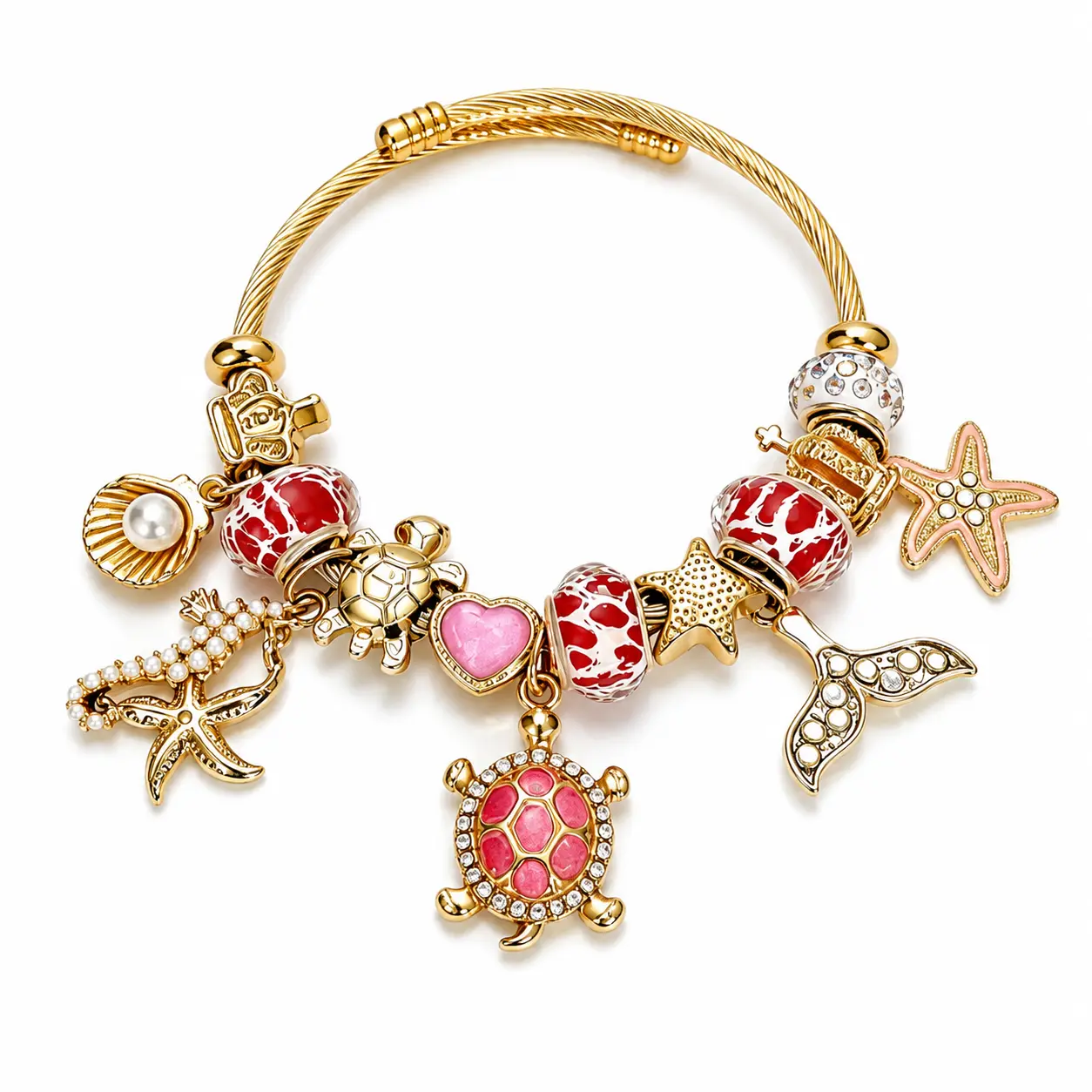 Ocean Inspired Charm Bracelet for Women, Gold-Tone Open Bangle with Turtle, Starfish, Mermaid Tail, Shell & Pink Heart Charms, Beach Vacation Jewelry Gift