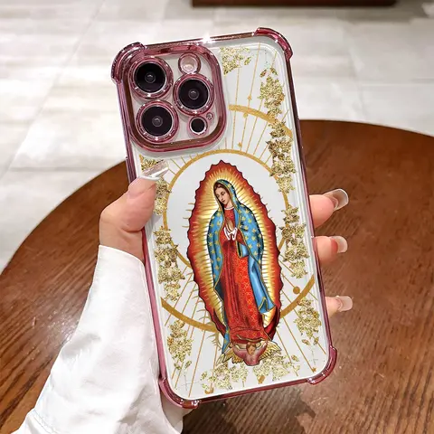 Virgin Mary Santa Guadalupe Virgen Maria Pattern Phone Case Cover - Electroplated Slim Soft TPU Casing, Durable Airbag Frame Shockproof Crash-Proof Protector, Multi-Model Accessory for iPhone X/11/12/13/14/15/16/17/18 Pro Max Plus Air Cellphones