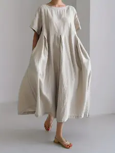 Plus Size Solid Color Loose Dress, Casual Pocket Short Sleeve Crew Neck Long Length Dress For Spring & Summer, Women's Plus Size Clothing