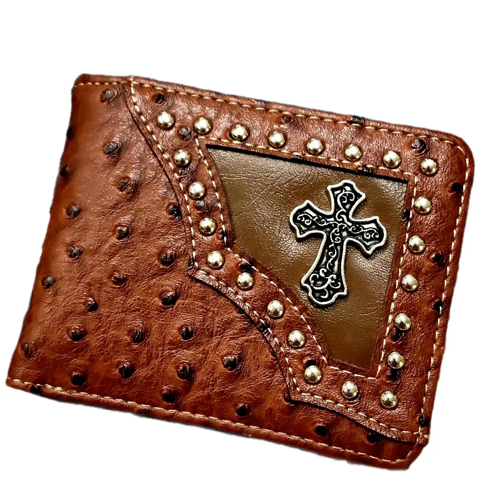 Cross Western wallet Ostrich pattern short bi-fold concho and studded faux leather with religious theme wallet.