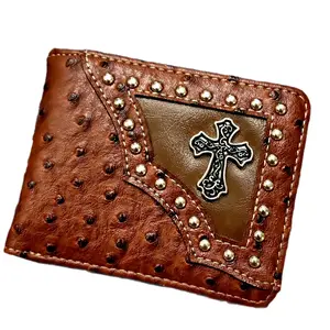 Cross Western wallet Ostrich pattern short bi-fold concho and studded faux leather with religious theme wallet.