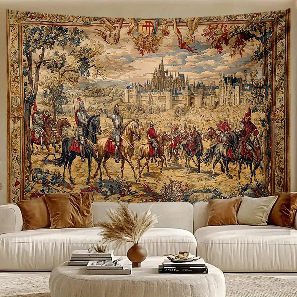 1pc Durable Synthetic Polyester Hangable Wall Hanging - 2D Flat Medieval Scene with Knight, Castle, Armored Warriors, Horses, Ornate Architecture, Multi-Size, Soft Texture, Easy-to-Clean White Textile Wall Banner for Bedroom Decor, Glam Office Use