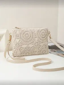 Women Mini Beach Crossbody Bag with Wristlet & Coin Purse Spring Summer New Sweet Square Straw Bag Multi-Functional Crochet Shoulder Bag for Vacation 2024