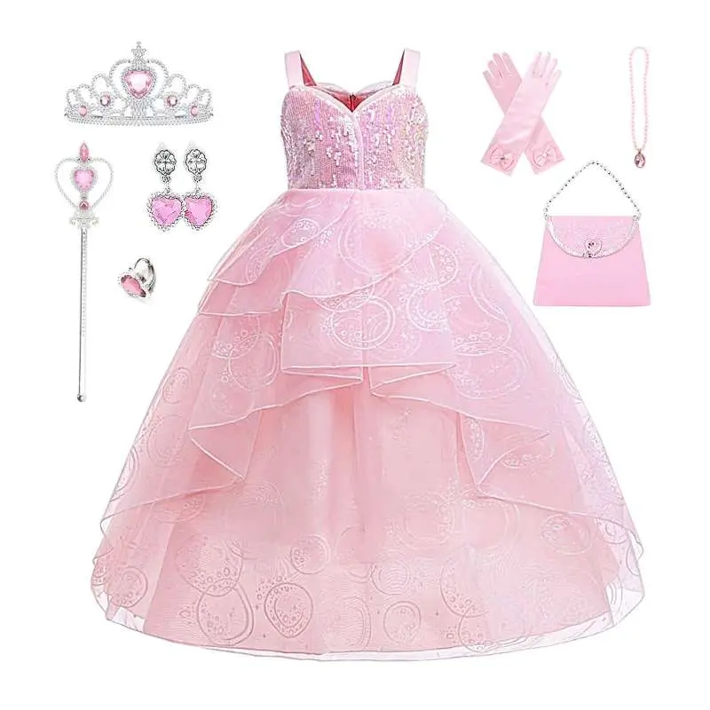 Pink Witch Dress for Girls Glitter Princess Costumes Pink Bubble Sequin Tulle Fancy Dress Up for Halloween Cosplay Christmas Birthday Party Sequins Mesh Princess Dress with Accessories