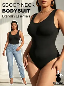 PLUS  SIZE Women's Scoop Neck Sleeveless Bodysuits,Seamless Ribbed Abdominal Control Tank Top, Sexy Shapewear for Going Out,Soft Elastic Fabric, Casual Daily Wear, Match any Clothing,All Seasons, Underwear