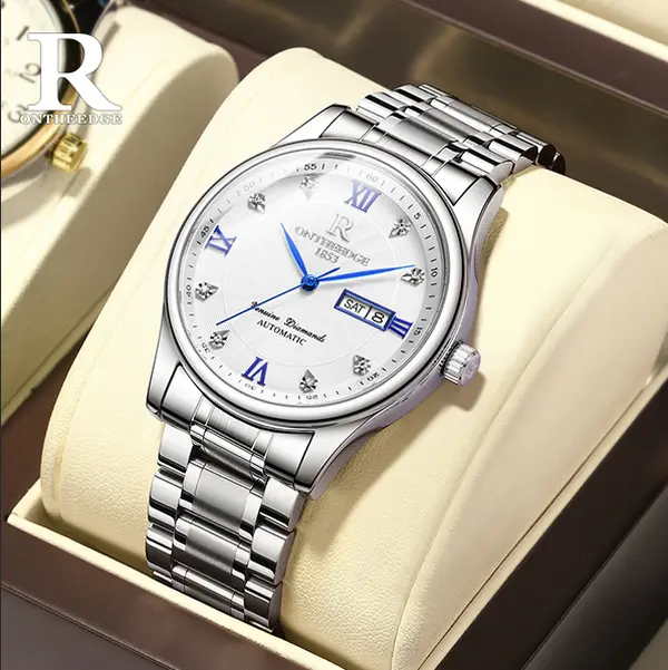ONTHEEDGE Men's Automatic Mechanical Watch Luxury Dress Watch, Classic White Dial with Roman Numerals, Stainless Steel Bracelet, Business Watch for Men