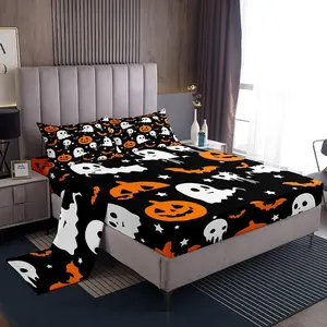 Feelyou Happy Halloween Theme Bedding Set - Pumpkin Lanterns & Cute Ghost Decor Fitted Black Sheet Collection for Bedroom Linens