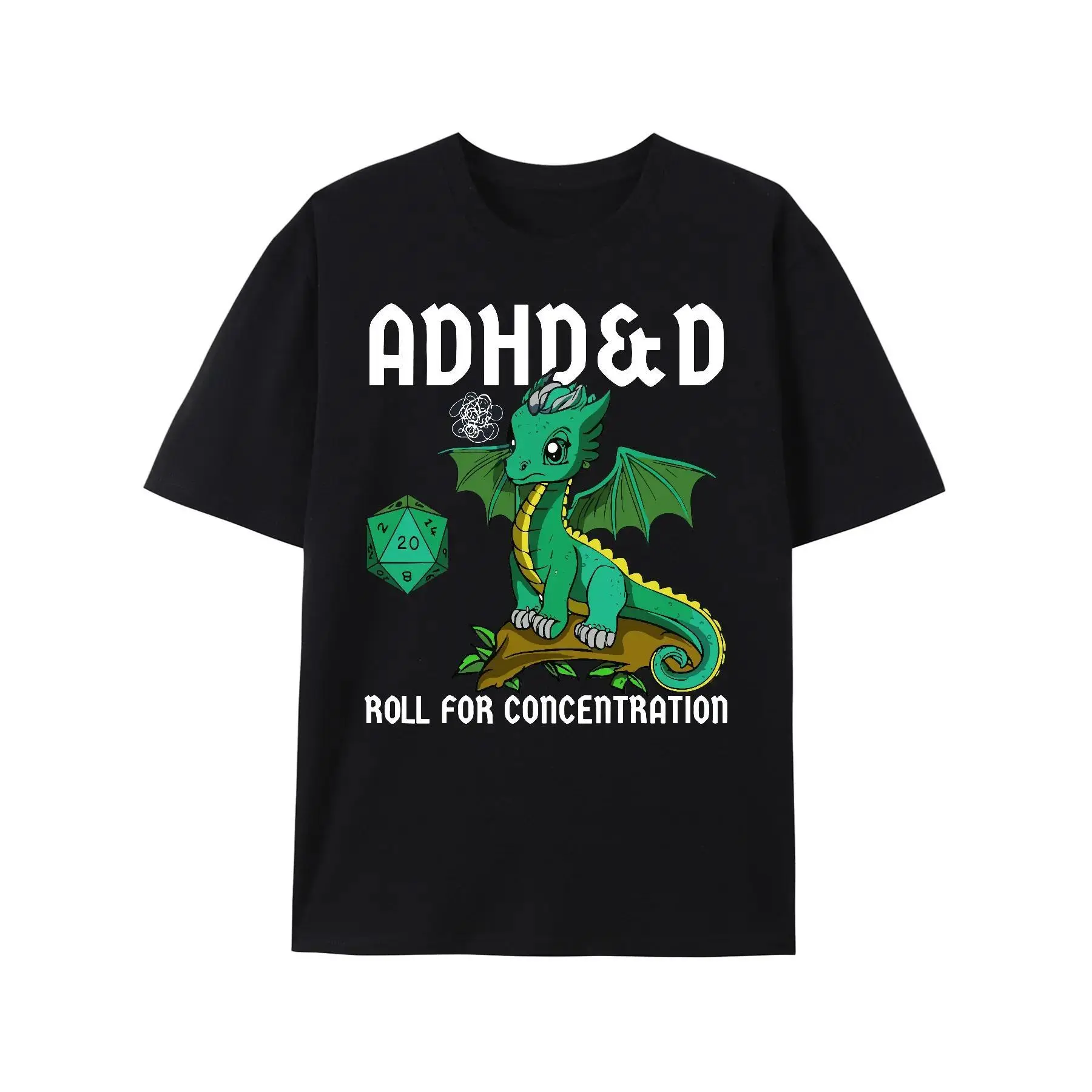 Men's Cotton Printed Short-Sleeve Round Neck T-Shirt - ADHD&D Roll for Concentration, Cute Dragon Design, Soft Fashion Menswear for Fitness, Tshirt