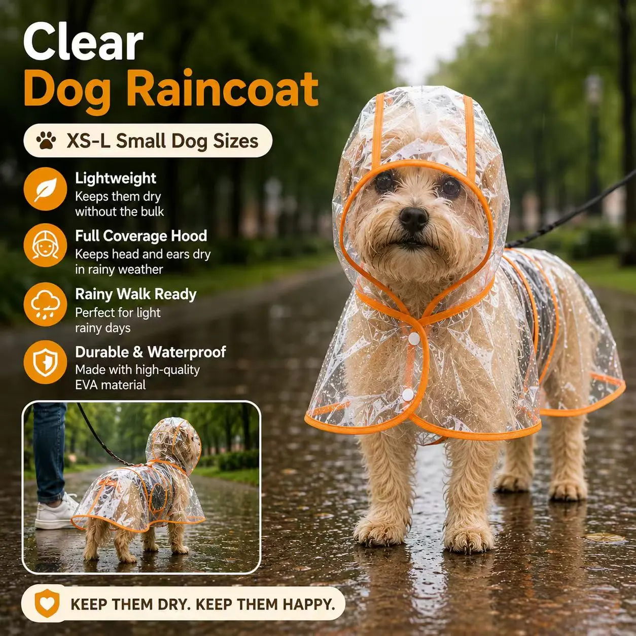 Dog Raincoat for Small Dogs (XS-L), Clear Lightweight Waterproof Hooded Pet Poncho with Full Ear Coverage, Leash Opening, Adjustable Snaps for Rainy Walks