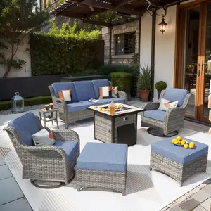 【Summer Vibes】OVIOS Kenard 7-Piece Outdoor Patio Furniture Set with 30'' Fire Pit Table & 2 Rocking Chairs, Wicker Sofa Set with Cushions for Backyard Patio Porch Deck Garden Balcony Outdoor Seating Furniture Set