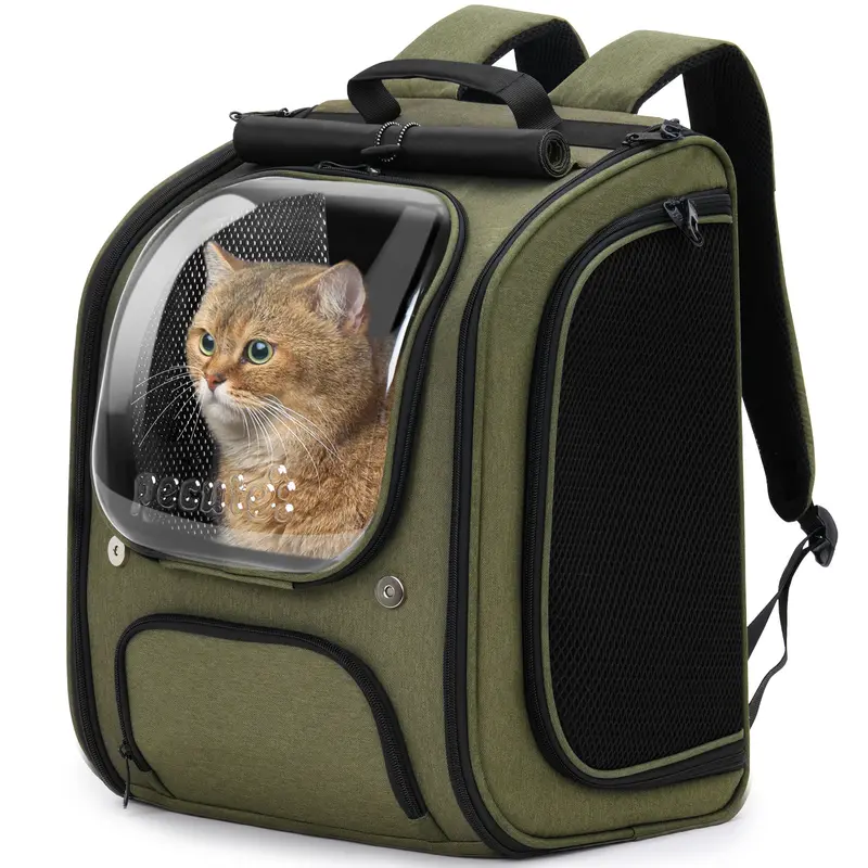 Pecute Cat Carrier Backpack with Bubble Space Capsule - Airline Approved, Expandable, Locking Zipper, Ventilated Mesh, Breathable Fabric, UV Protection, Padded Straps, Foldable, No Pulling (Black,Pink,Green,Gray,Khaki)