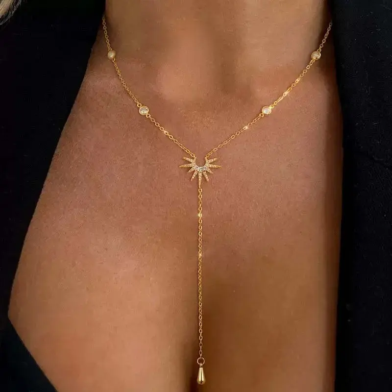 Stainless Steel Y-Shaped Pendant Necklace for Women Girls Elegant Fashion Cubic Zirconia Long Tassel Dangle Choker Jewelry Gifts