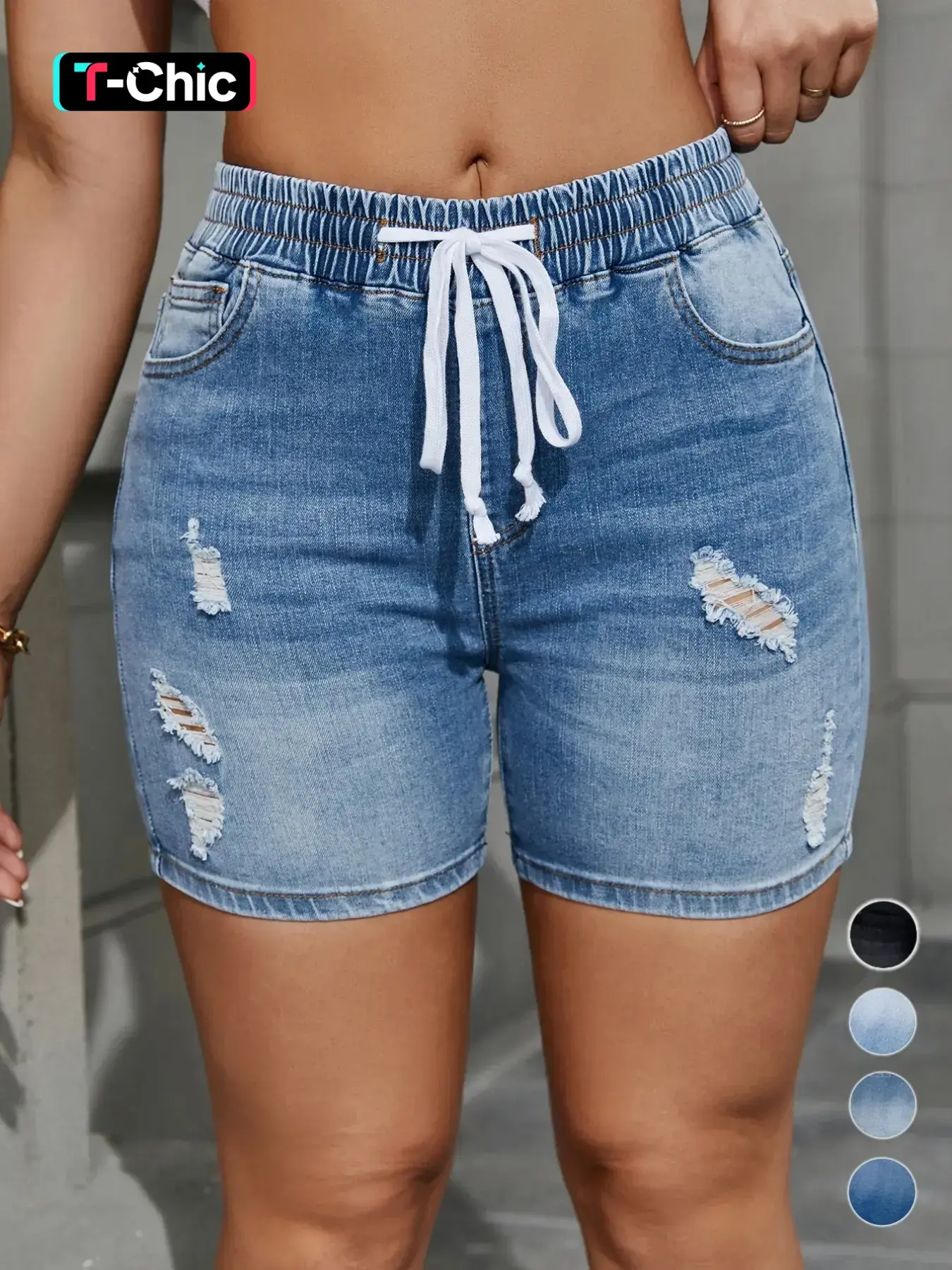 Women's Ripped Drawstring Waist Denim Shorts, High Waisted Stretchy Jean Shorts, Casual Fashion Pocket Jeans Shorts for Daily Everyday Wear, Summer Outfits 2024, Summer Clothes, Lady Summer Bottoms, Womenswear, Basic