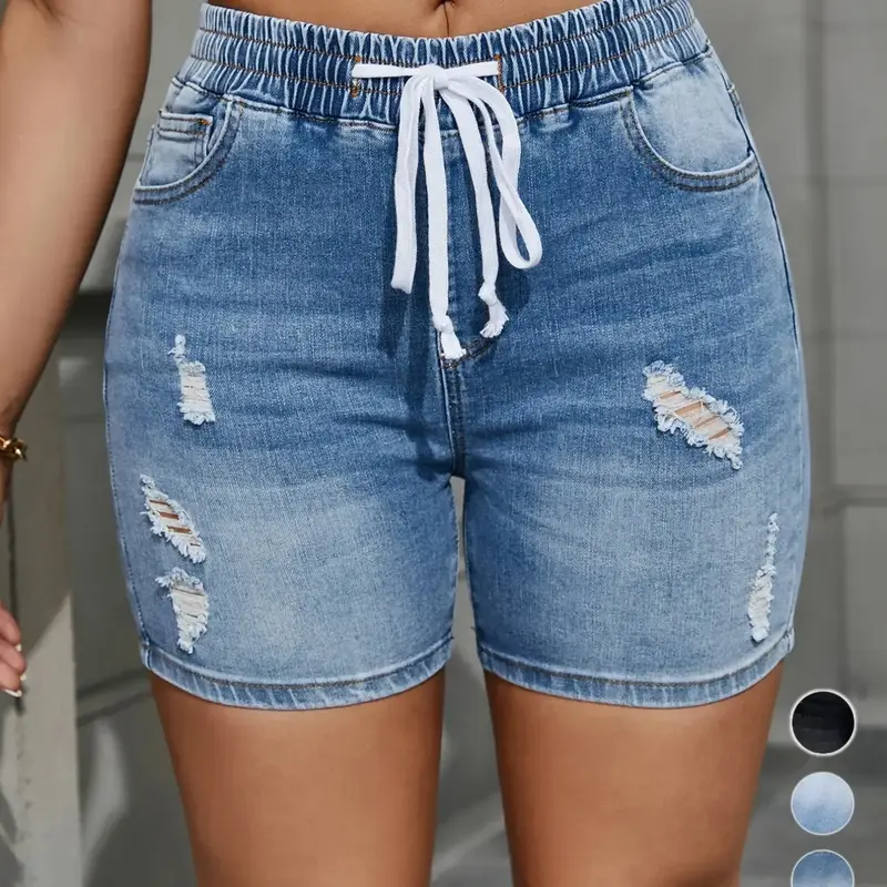 Women's Ripped Drawstring Waist Denim Shorts, High Waisted Stretchy Jean Shorts, Casual Fashion Pocket Jeans Shorts for Daily Everyday Wear, Summer Outfits 2024, Summer Clothes, Lady Summer Bottoms, Womenswear, Basic, Drawstring Waistband Shorts