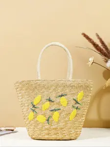 Women's Fashionable Lemon Pattern Straw Bucket Bag, Casual Versatile Handbag for Holiday, Trendy All-match Minimalist Straw Bag for Daily Use