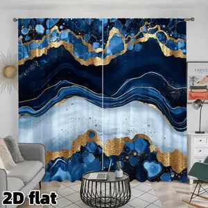 2D Flat 2Pcs Abstract Marble Pattern Curtains Gold Blue Wave Design Rod Pocket Panels Semi Transparent Polyester Modern Art Window Treatment for Living Room Bedroom Kitchen Office Home Decor Home Decoration Curtain Premium Quality Dressing