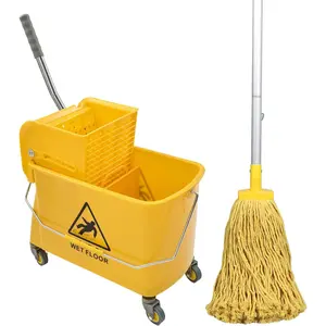Mop with Wringer, 22 Qt (5.5 Gallon),, Handle, Wheels, 16.5" L x 10.6" W x 26.4" H, Yellow,Plus Mop