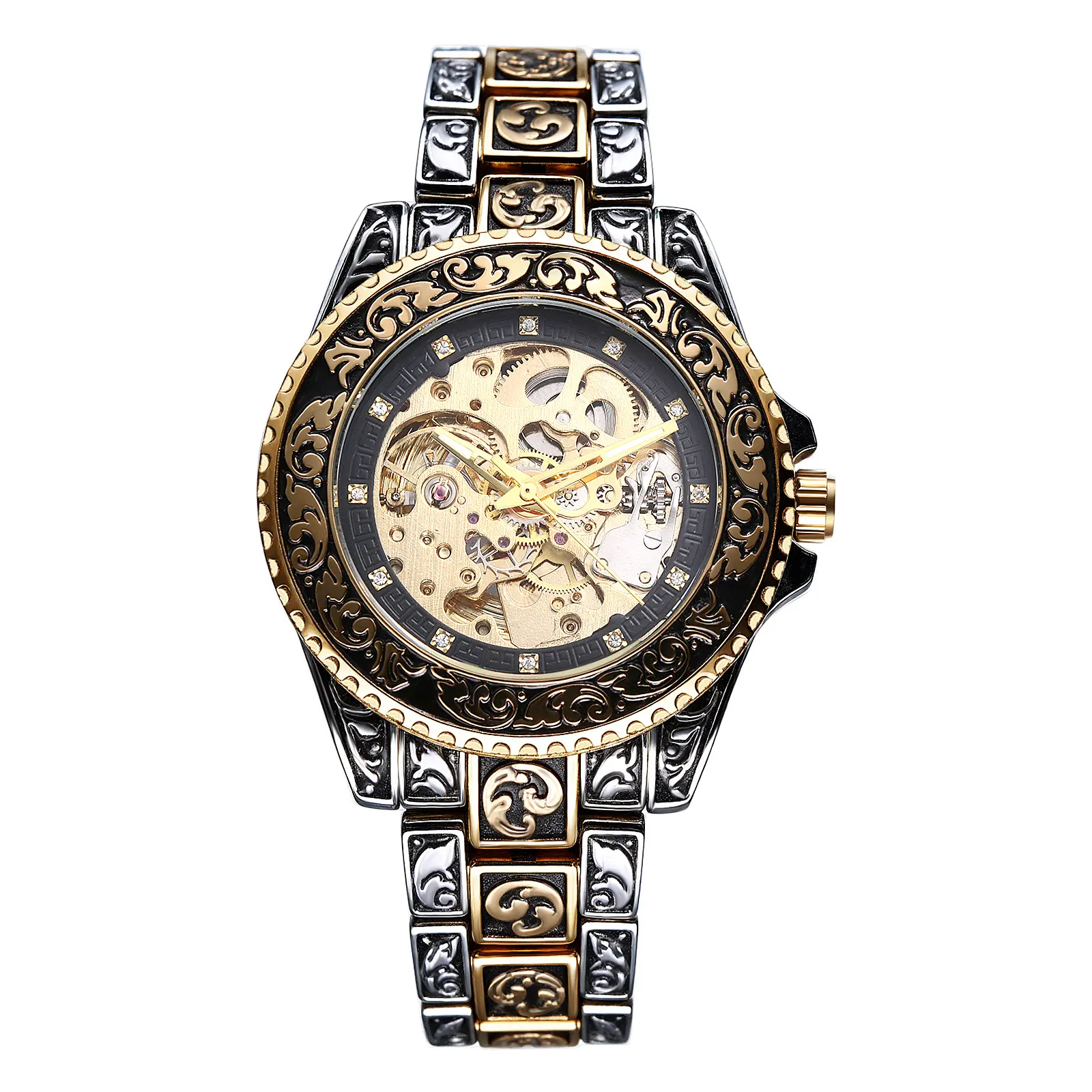 OIDEA Men's Exquisite Mechanical Watch Set, Vintage Automatic Skeleton Dial with Diamond Accents, Engraved Stainless Steel Strap, Exquisite Watch Set, Mechanical Style Watches