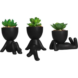 3 PCS Cute Artificial Succulent Plants with Creative Human Shaped Pots, Mini Potted Plants, Faux Succulent Desk Decor for Home Office Shelf Decor (Matte Black)