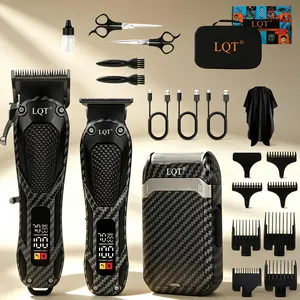 LQT Men's 3-Piece Professional Cordless Grooming Kit - 2000mAh Rechargeable Hair Clipper, Detail Trimmer, Shaver Set with Carbon Fiber Design, LED Display, Durable Salon-Grade for Daily Home Haircuts, Facial Grooming