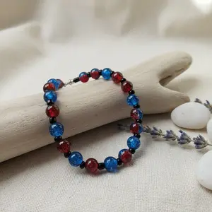 Dark Red and Blue Fall Colors Glass Beaded Stretchy Bracelet for Stylish Everyday Wear