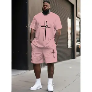 Men's Large Size 3D Digital Print Sportswear Set - Cross Casual Pink T-shirt and Shorts, Colorful Embellishments, Polyester Blended Fabric, Machine Washable, Large Size Leisure Suit, PLUS SIZE